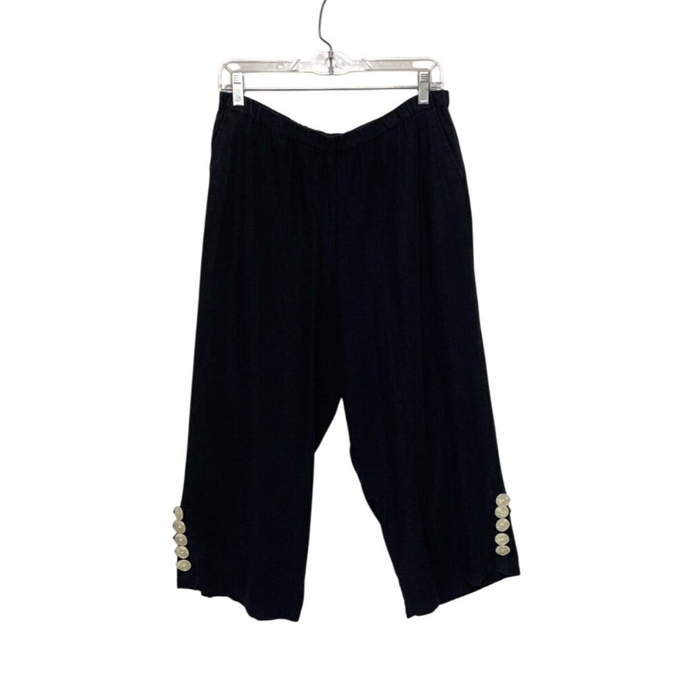 Christopher & Banks Womens Black Linen Blend Cropped Wide Leg Pants Buttons Sz L